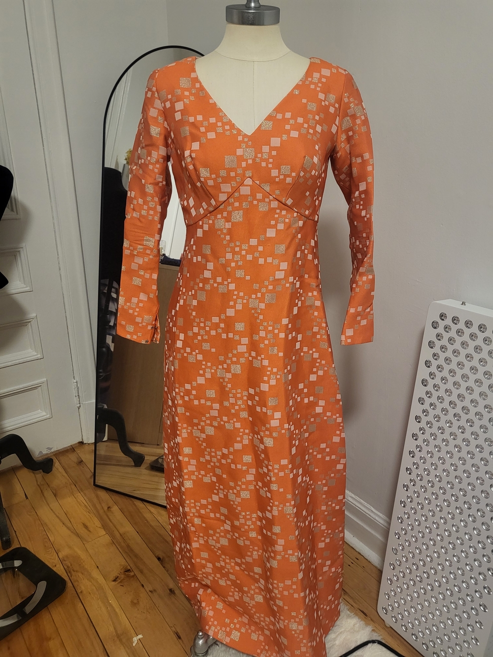 Orange Geometric Long Sleeve Prom Dress